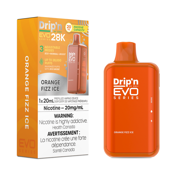 Drip'n EVO Series 28K Orange Fizz Ice disposable vape, 20mL capacity, 20mg/mL nicotine, with Health Canada warnings
