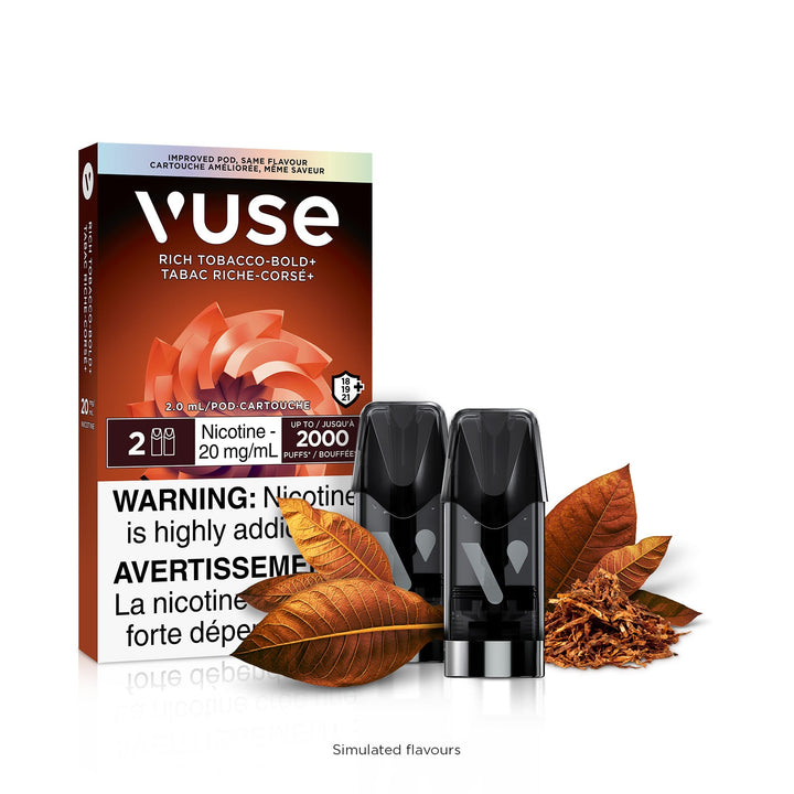 New Vuse Alto ePod Rich Tobacco Bold+ two bods surrounded by brown tobacco leaves