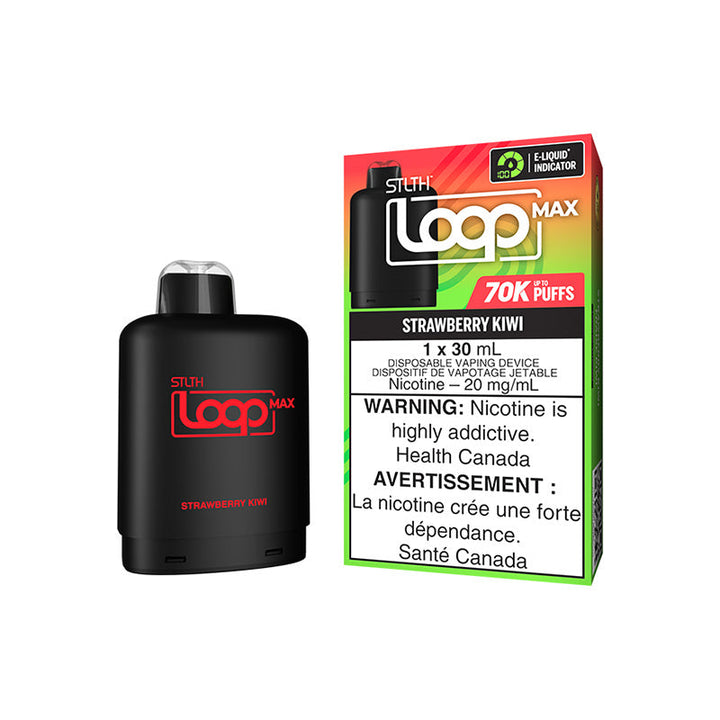 STLTH LOOP MAX POD IN STRAWBERRY KIWI FLAVOR, SMALL RECTANGULAR SHAPE WITH LABEL ‘STLTH LOOP MAX’