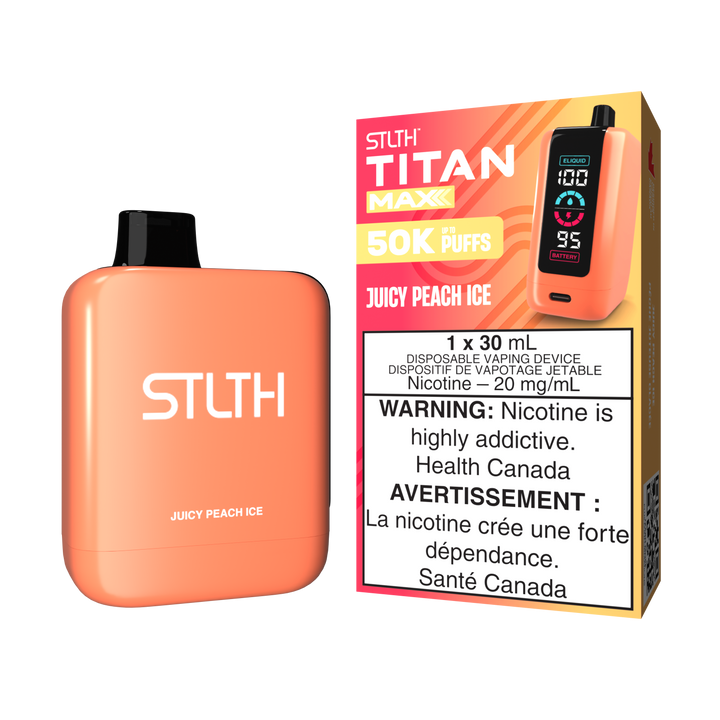 Orange STLTH TITAN MAXX vape and box highlighting "50K PUFFS, 20 mg/mL nicotine."