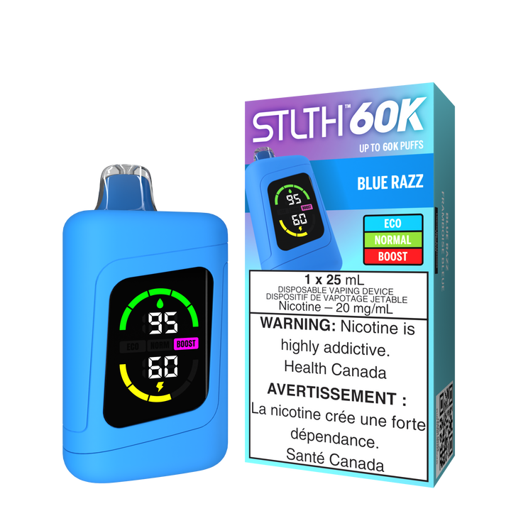 Stlth 60K Blue Razz Blue device and packaging